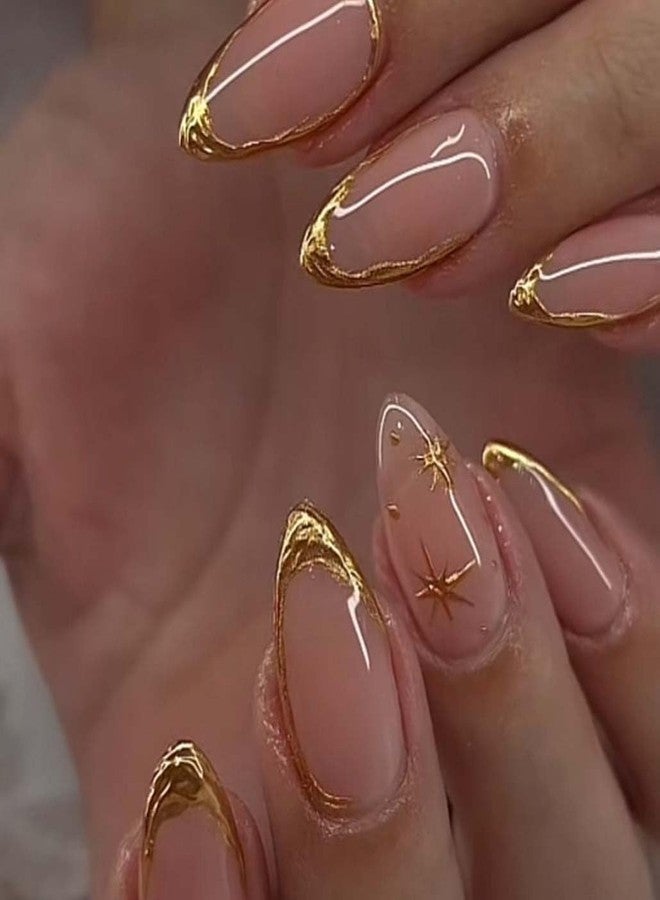 Foccna Press on Nails Almond Fake Nails with Gold Line Design Glue on Nails Acrylic Nails Glossy Full Cover Stick on Nails for Women 24Pcs - Image 1